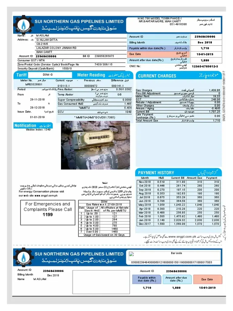SNGPL duplicate gas bill PDF example